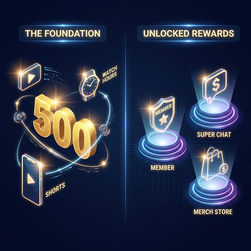 Infographic showing 500 subscriber milestone requirements and unlocked rewards