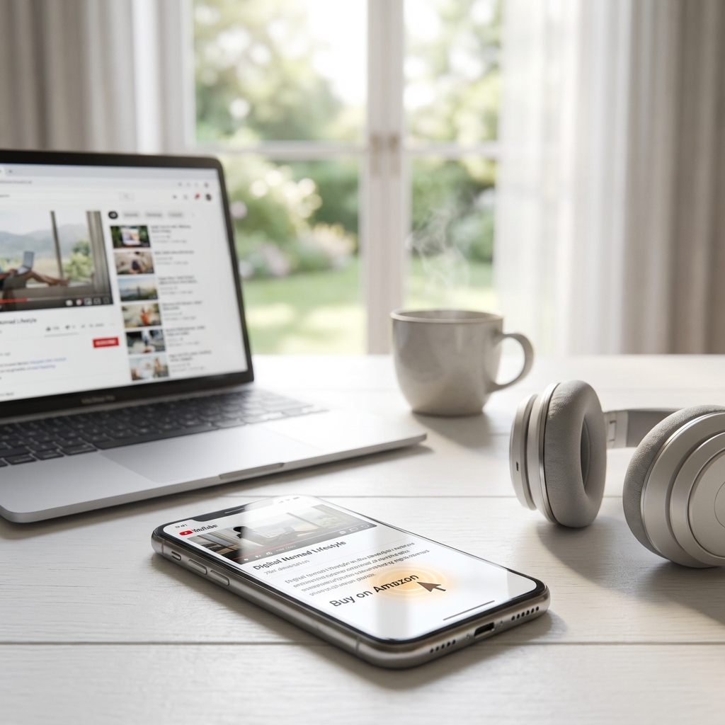 Clean workspace showing affiliate marketing setup with YouTube description and product links