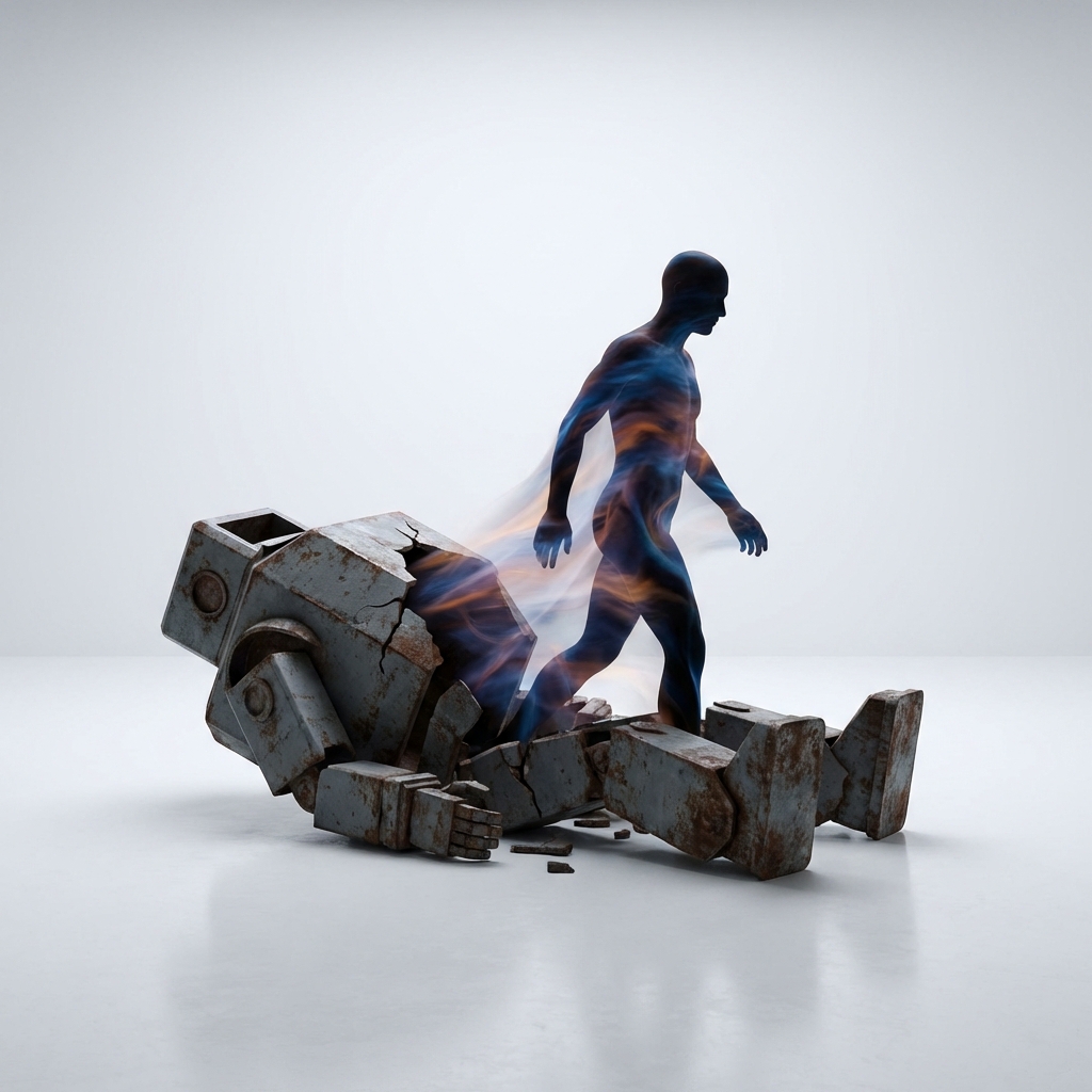 Conceptual art of a colorful human silhouette stepping out of a rigid robotic metal shell, symbolizing authenticity over copying