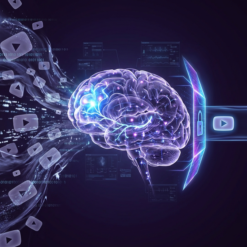 3D visualization of brain with YouTube content streams showing controlled vs uncontrolled viewing
