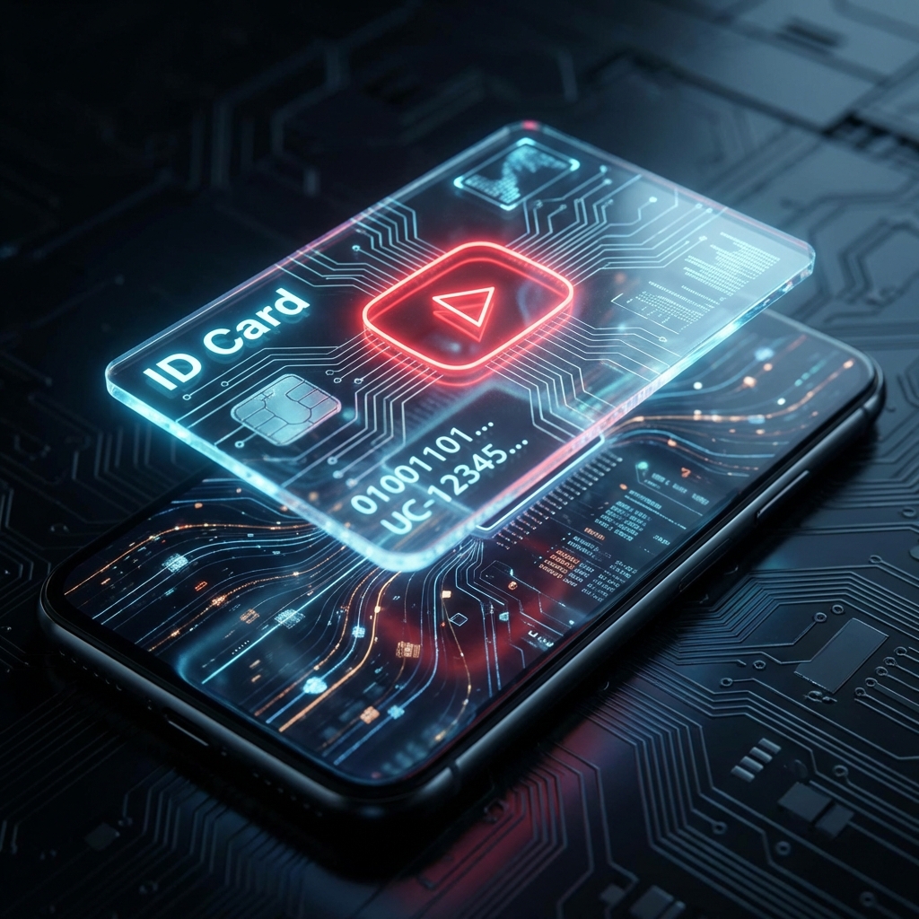 A futuristic digital ID card floating above a smartphone, displaying a YouTube Channel ID in glowing neon
