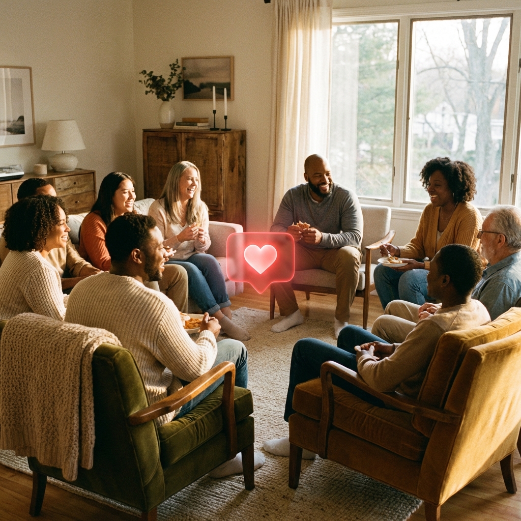Warm golden-hour scene of a diverse group of people sitting in a circle in a cozy living room with a glowing YouTube heart hologram