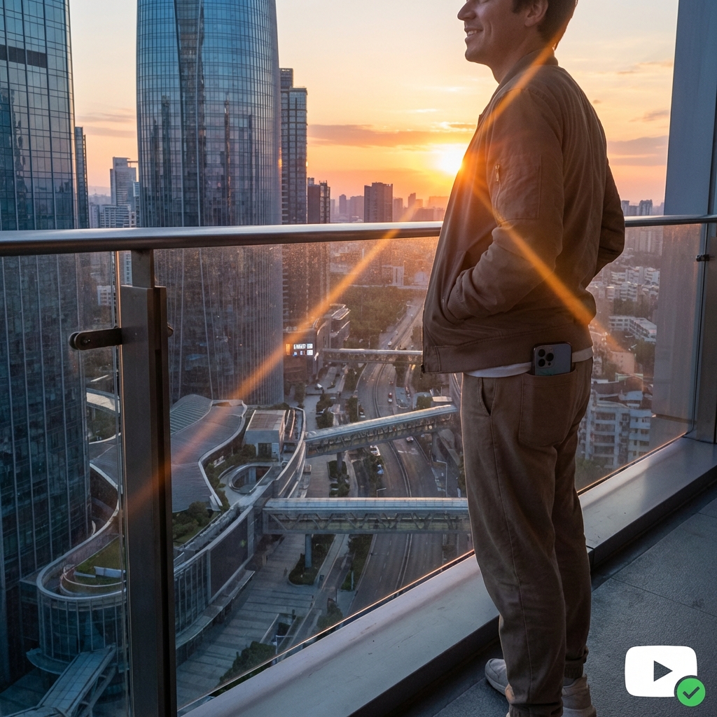 Person on balcony looking at sunset over futuristic city, free from digital loops