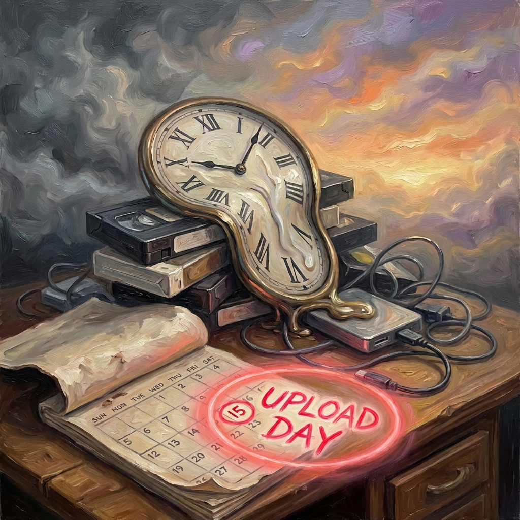 Surreal Salvador Dali-inspired oil painting of a melting clock draped over video tapes representing creative burnout