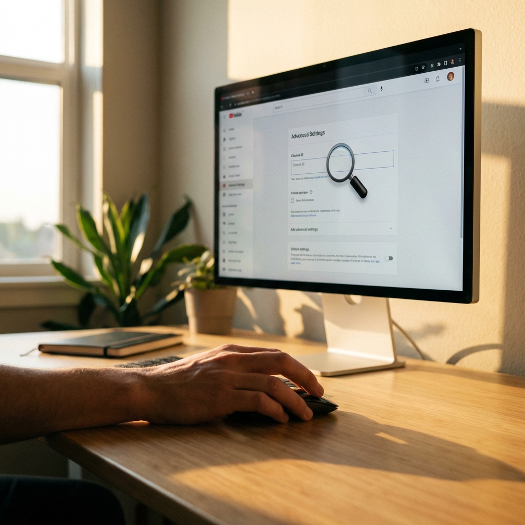 A modern workspace showing the YouTube Advanced Settings interface with the Channel ID field highlighted