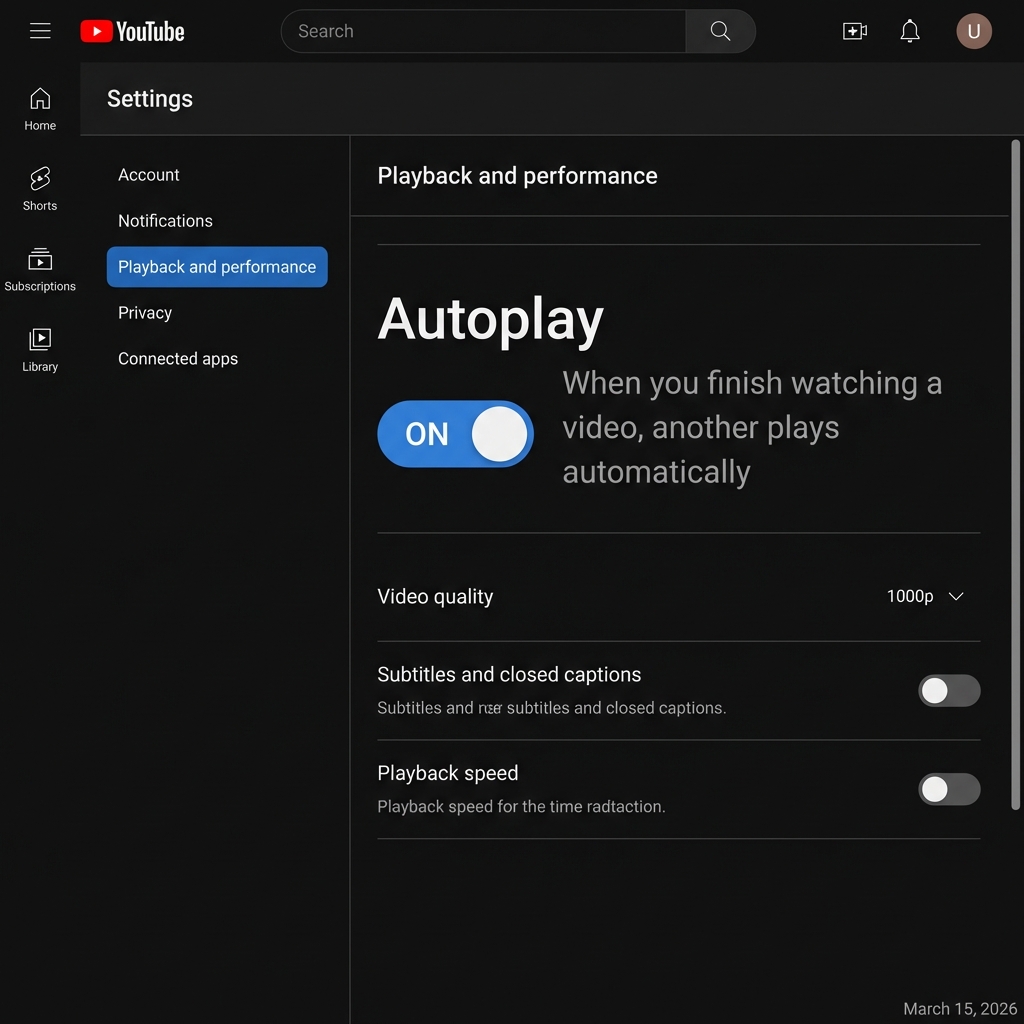 YouTube desktop settings page showing Autoplay toggle in Playback and performance section