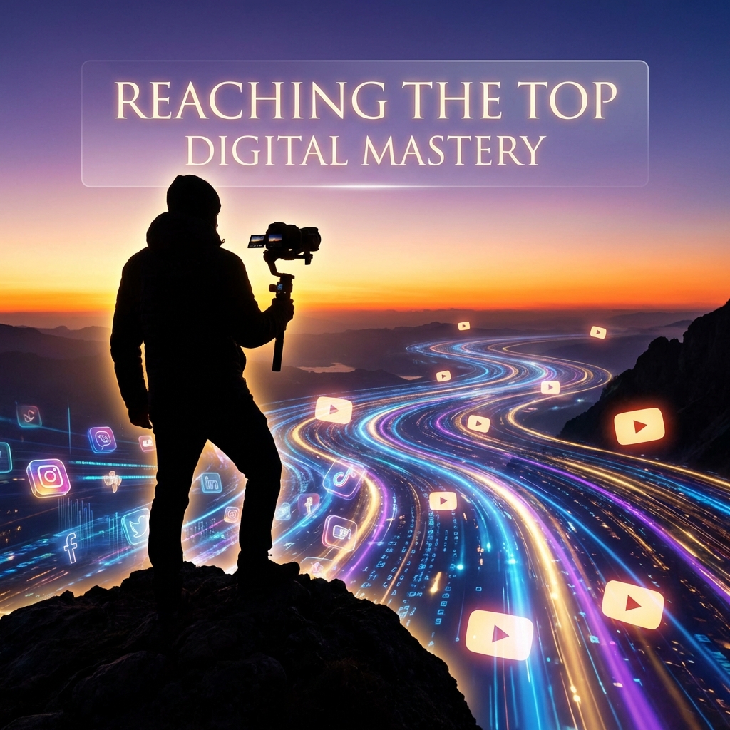 Silhouette of creator on mountain peak overlooking digital landscape with YouTube icons