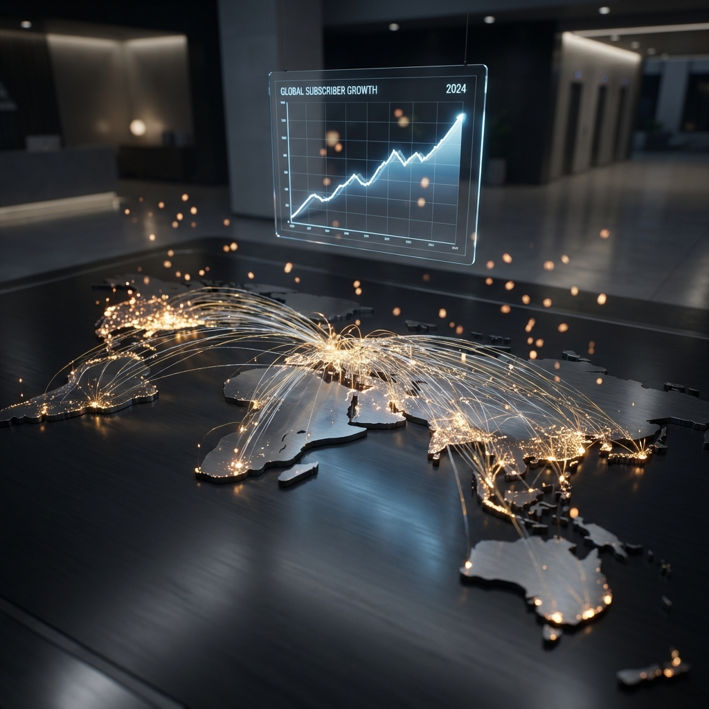 Data visualization of a global network with cities connected by glowing gold lines and a glass tablet showing a skyrocketing growth graph
