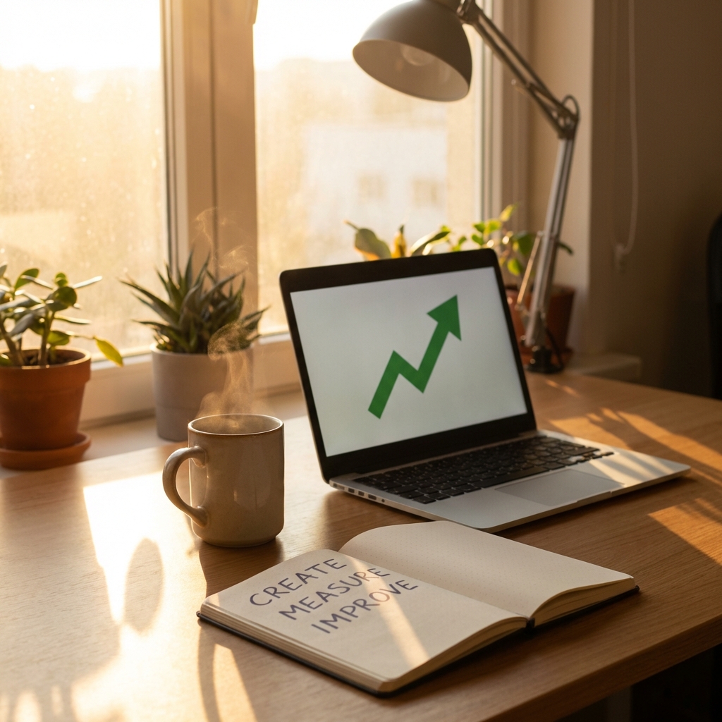 Clean bright creator workspace in morning light with coffee, laptop showing green growth arrow, and notebook reading Create Measure Improve