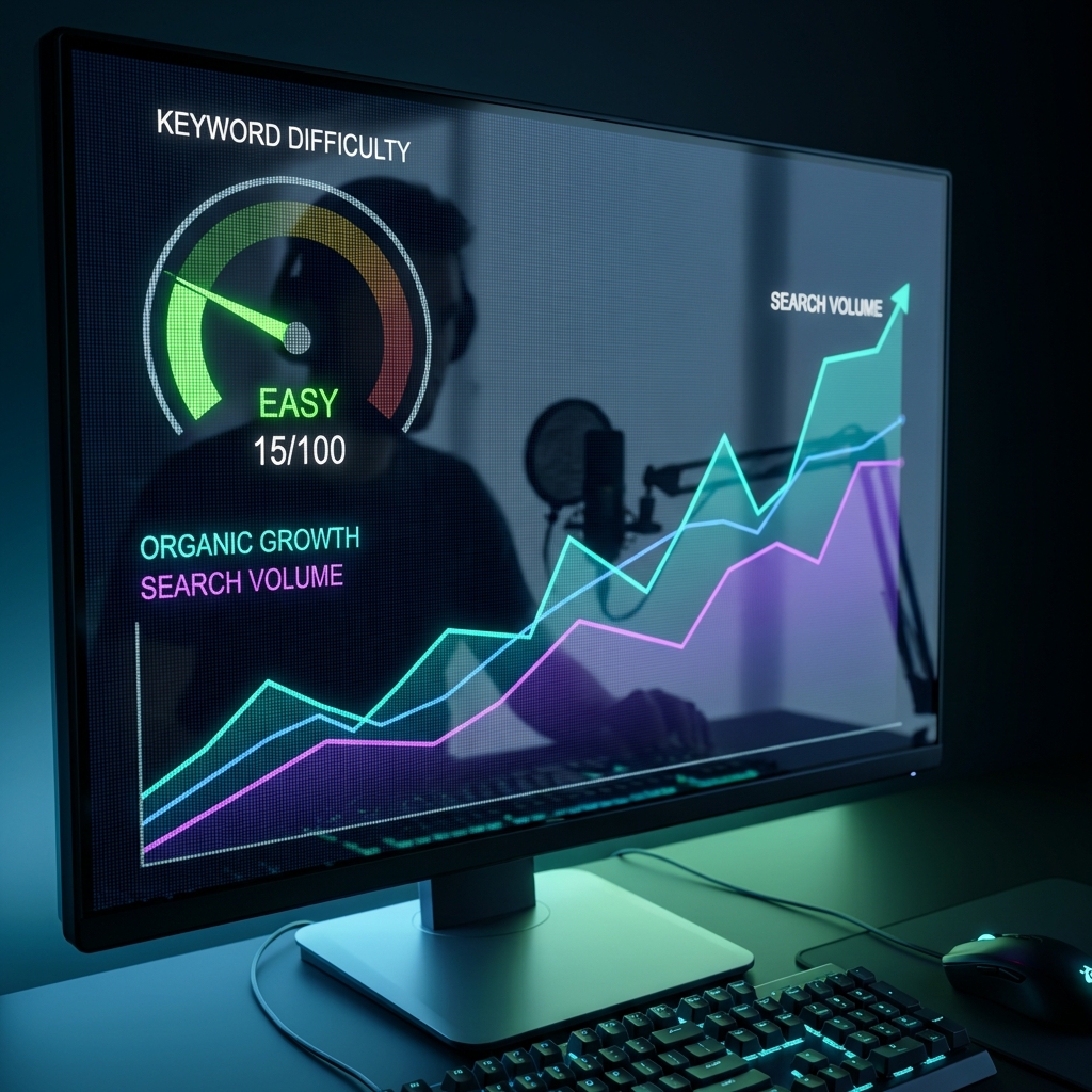 SEO analytics dashboard showing keyword difficulty and organic growth metrics