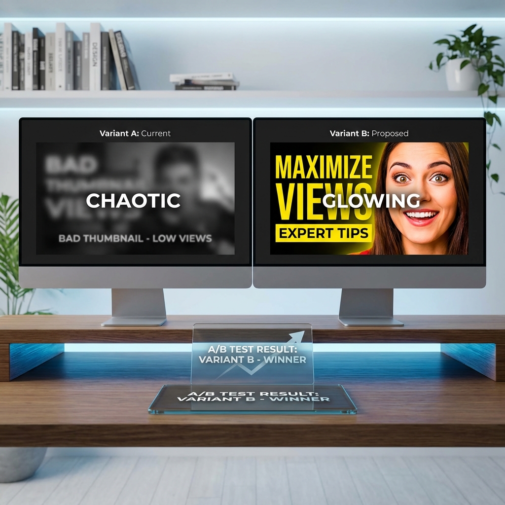 Split-screen A/B test showing a bad chaotic thumbnail versus a professional high-contrast thumbnail design