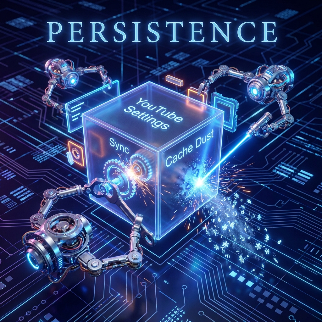 Holographic YouTube Settings being maintained by robotic drones with PERSISTENCE text