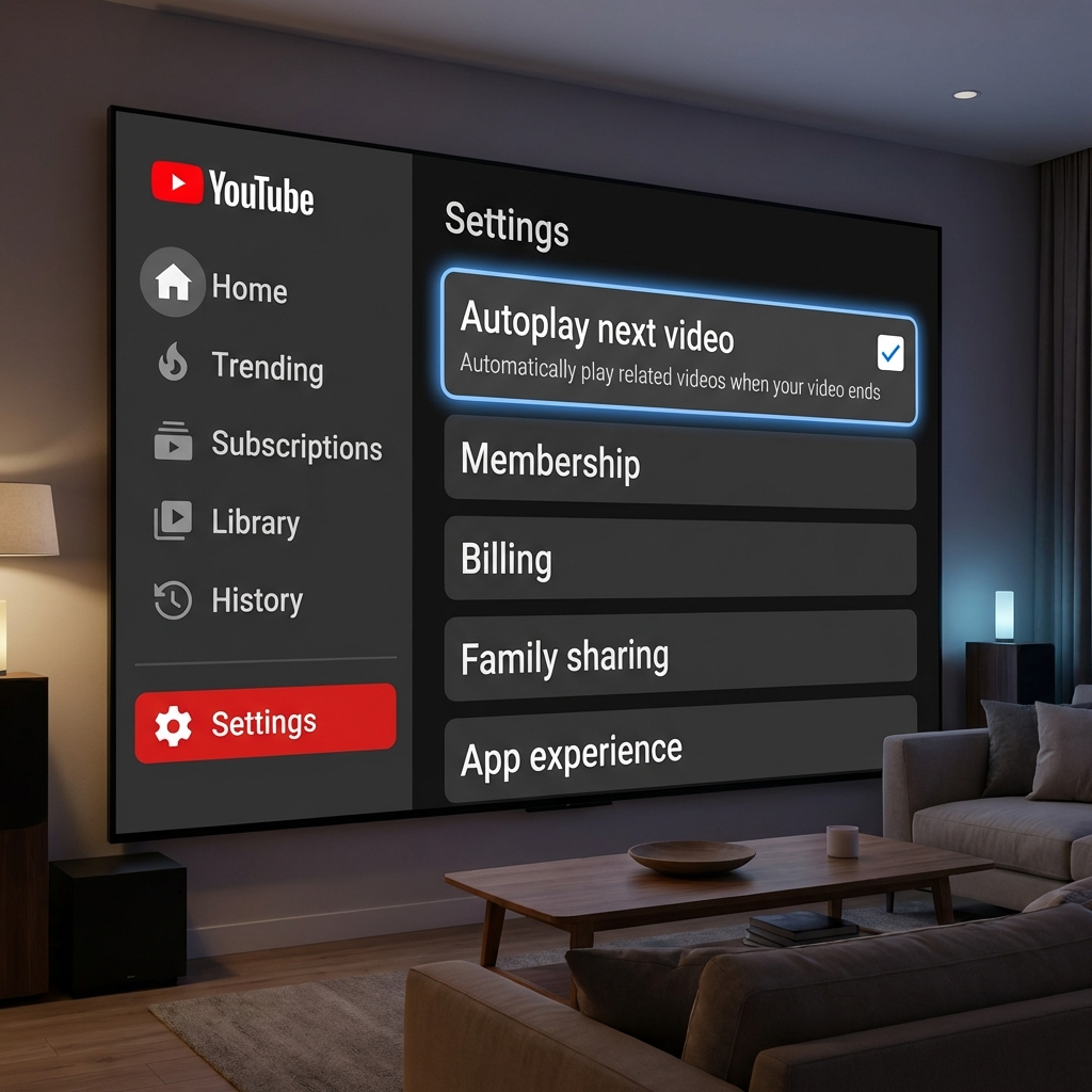 YouTube TV app settings menu showing Autoplay next video option