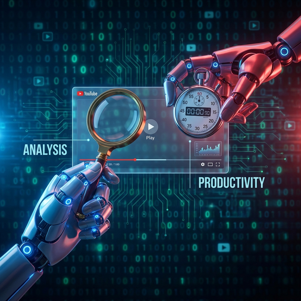 Conceptual head-to-head visualization of blue robotic hand with magnifying glass versus red robotic hand with stopwatch interacting with YouTube hologram